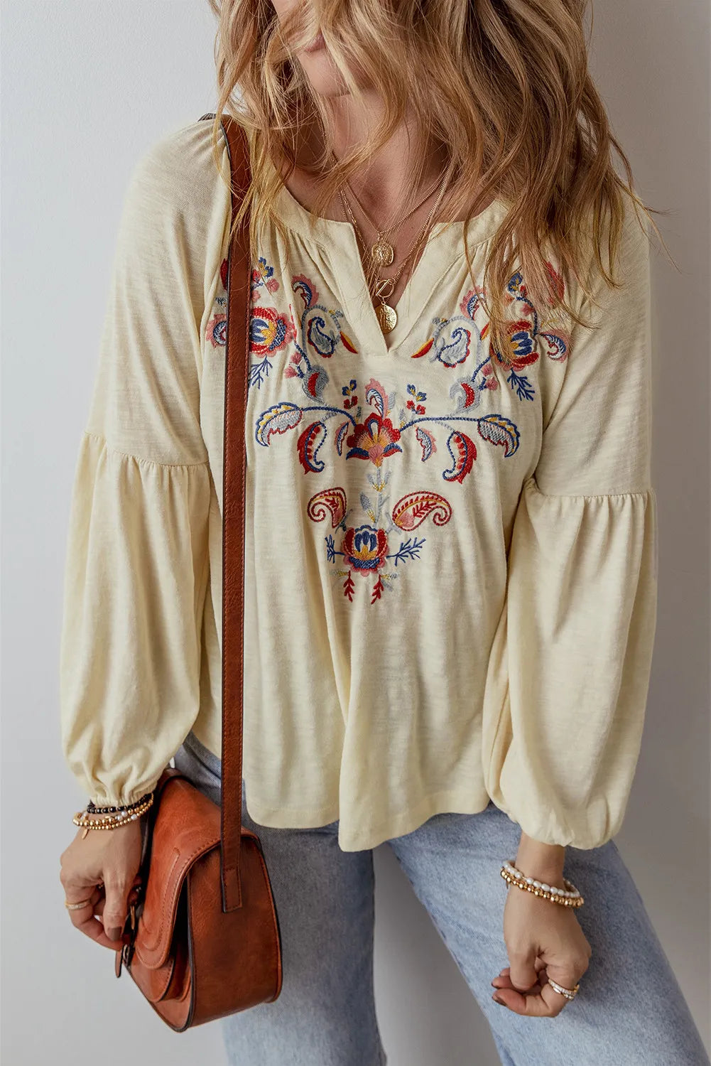 Embroidered Notched Long Sleeve Blouse