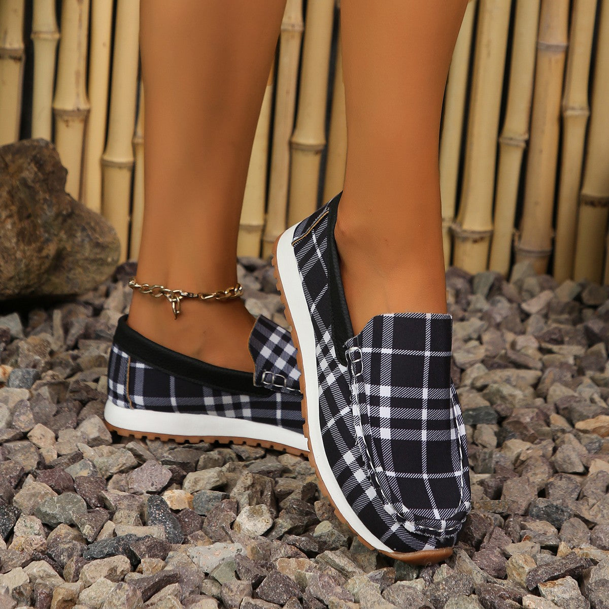 Plaid Round Toe Slip-Ons - Shimmervee