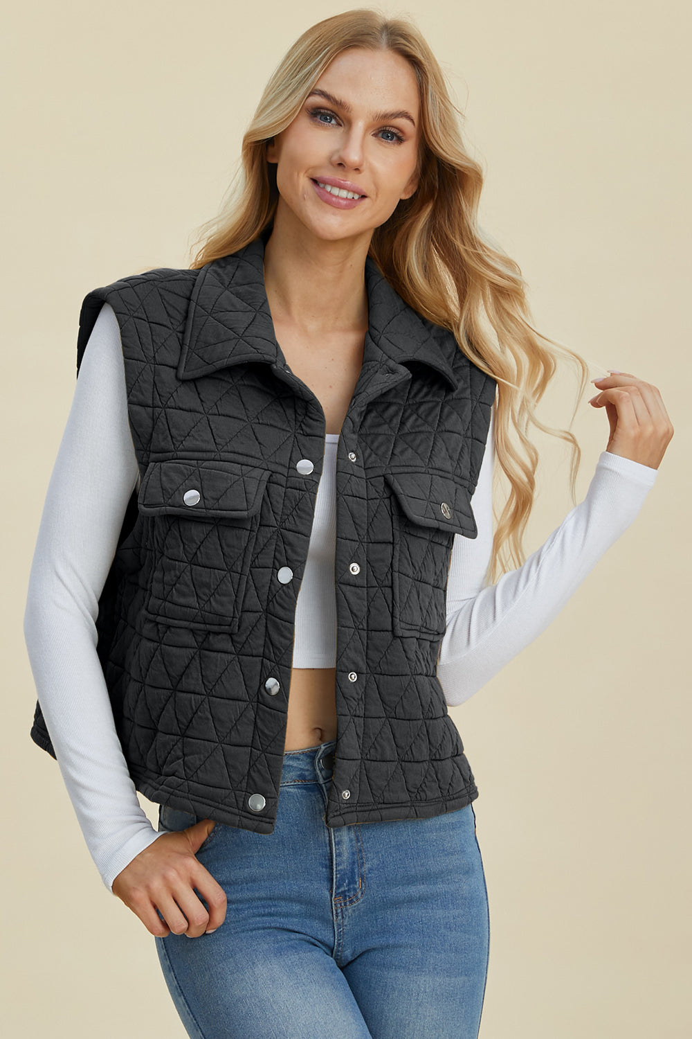 Double Take Full Size Pocketed Texture Snap Down Vest Coat - Shimmervee