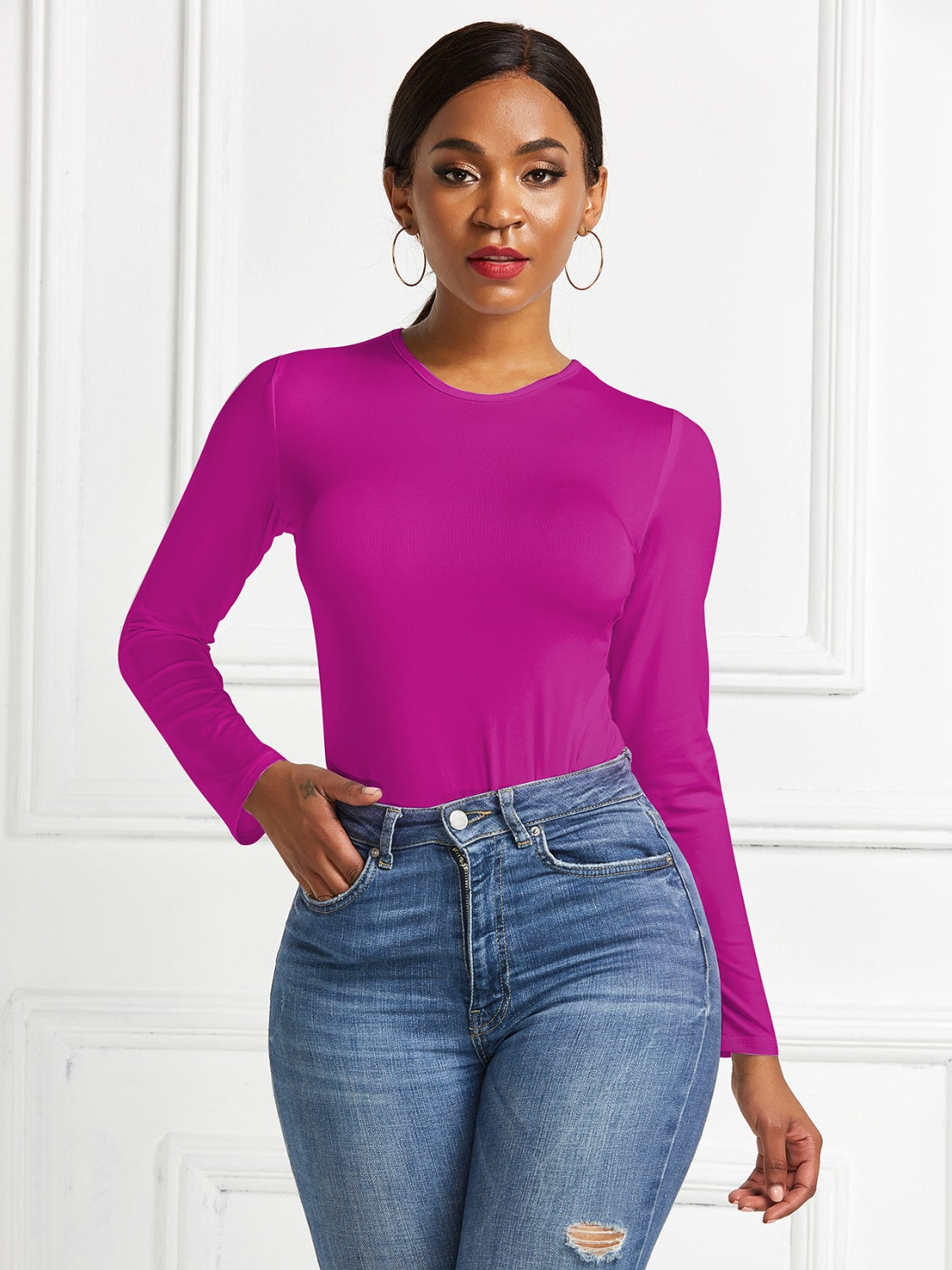 Round Neck Long Sleeve Bodysuit - Shimmervee