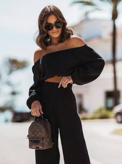 Off Shoulder Long Sleeve Top and Pants Set - Shimmervee