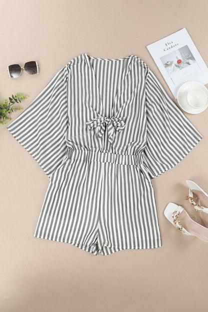 Tied Striped Three-Quarter Sleeve Romper - Shimmervee