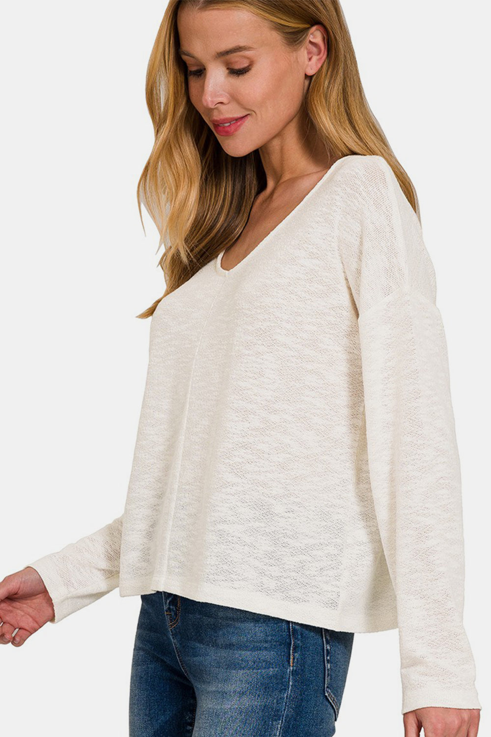 Zenana V-Neck Dropped Shoulder Long Sleeve T-Shirt - Shimmervee