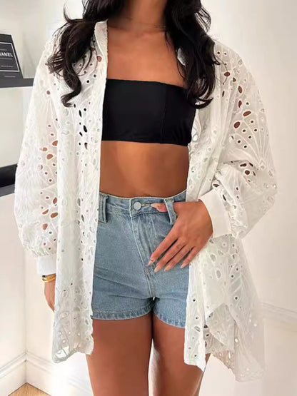 Cutout Collared Neck Long Sleeve Shirt