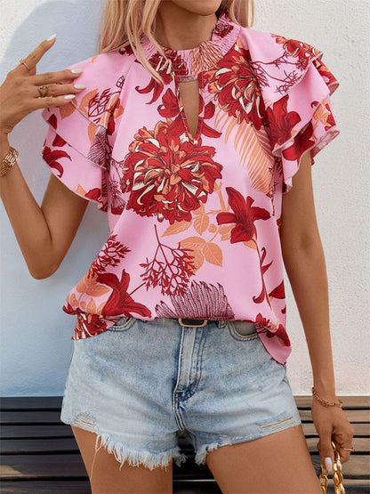 Perfee Ruffled Printed Round Neck Short Sleeve Blouse