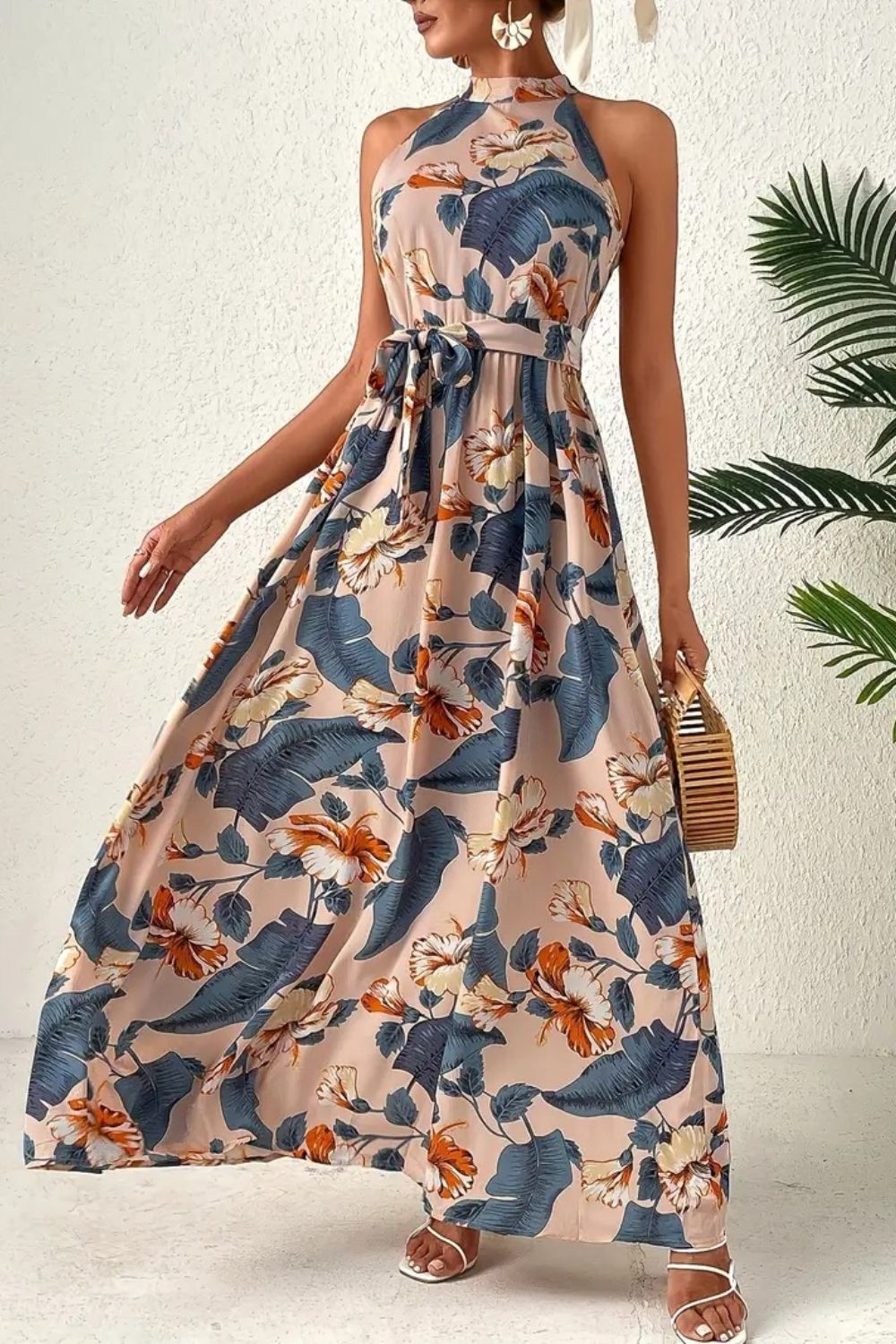 Tied Floral Sleeveless Dress - Shimmervee