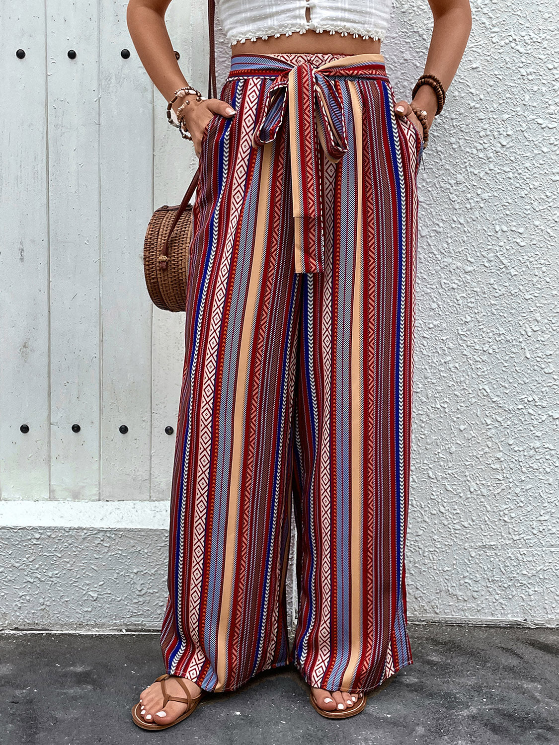 Perfee Tied Geometric Wide Leg Pants - Shimmervee