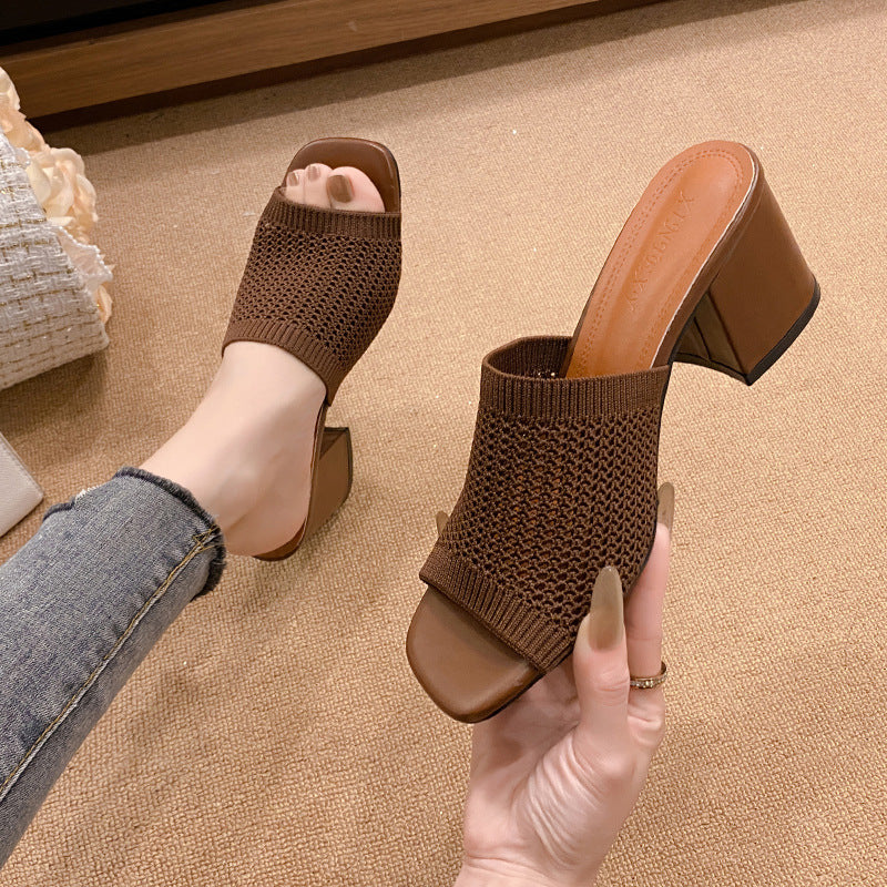 Block Heel Knit Sandals