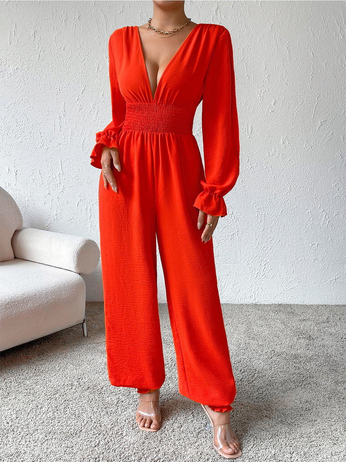 Honey Plunge Smocked Flounce Sleeve Jumpsuit - Shimmervee