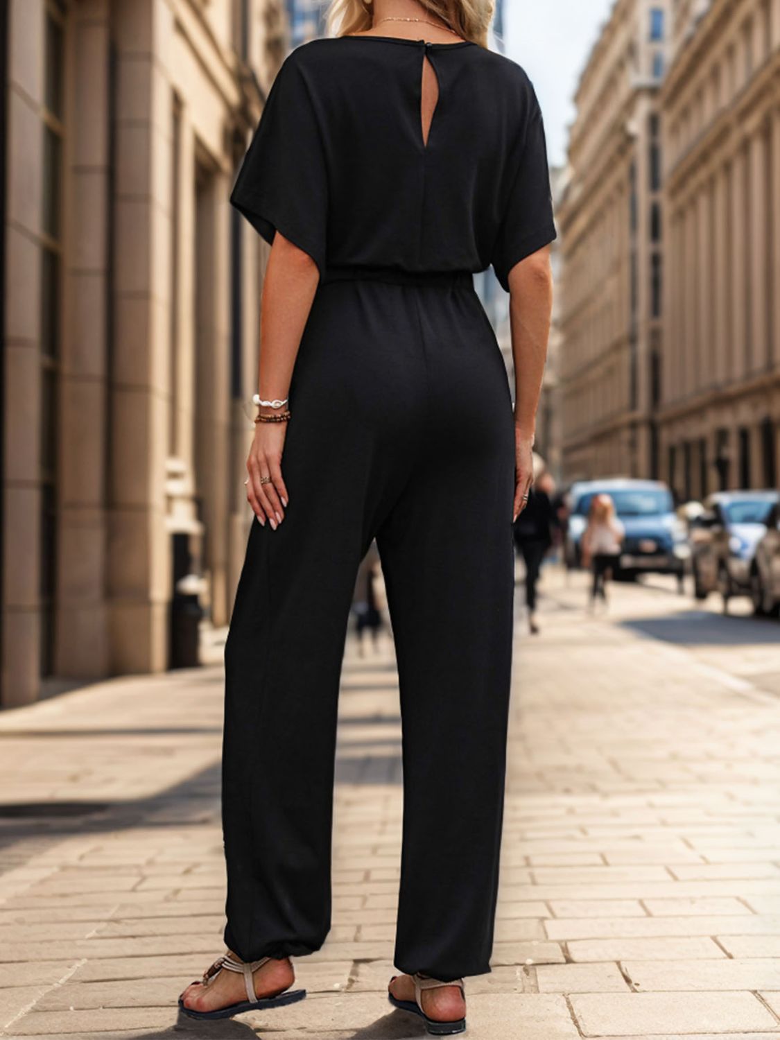 Perfee Notched Half Sleeve Straight Jumpsuit - Shimmervee