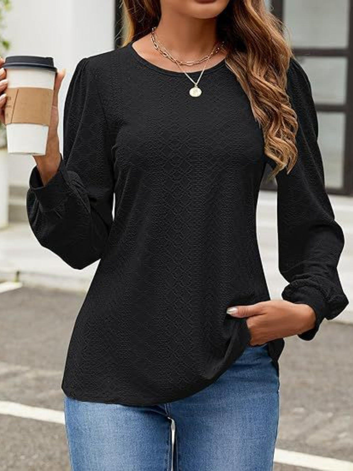 Eyelet Round Neck Long Sleeve Top - Shimmervee