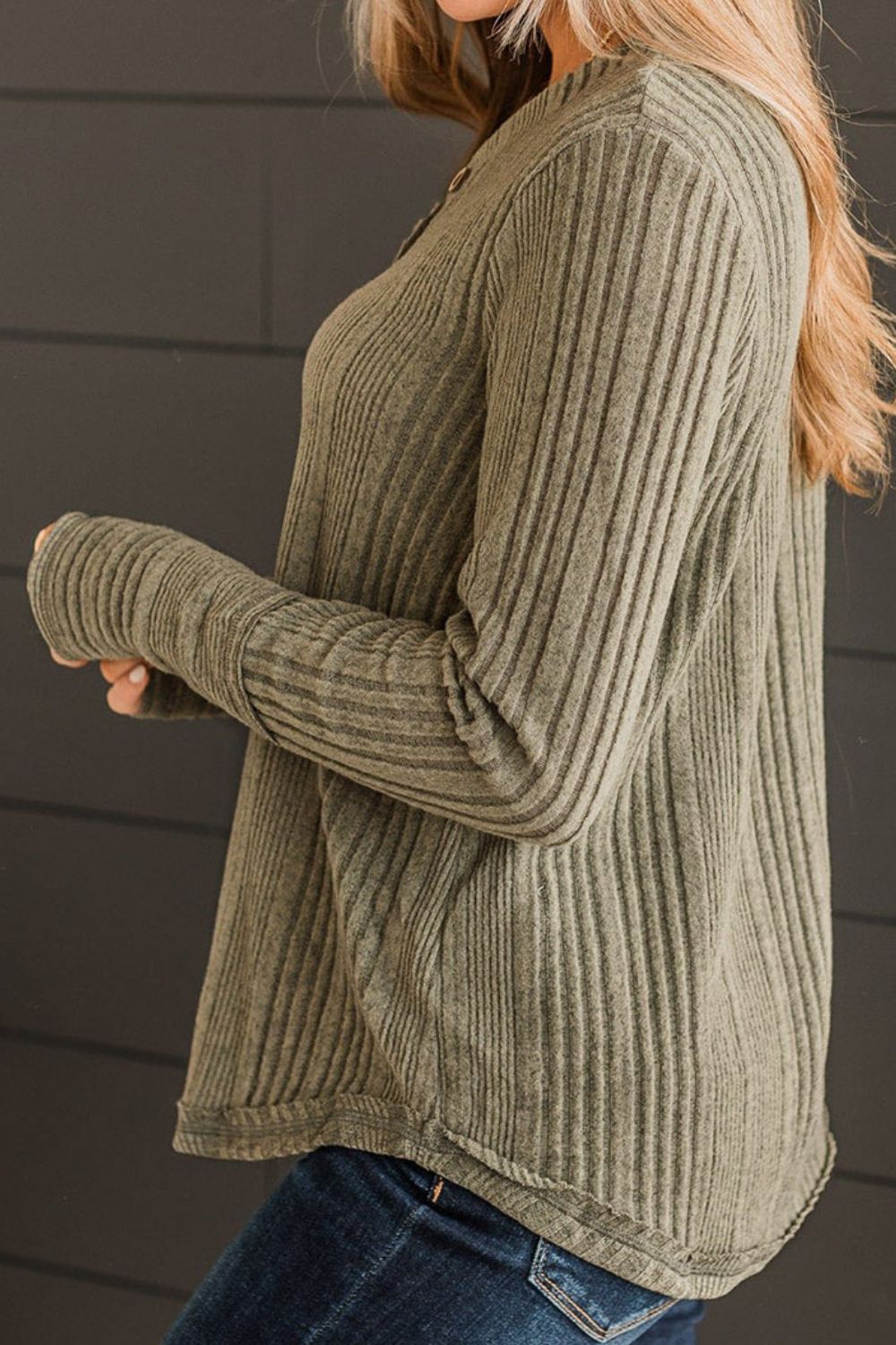 Ribbed Buttoned Long Sleeve Blouse - Shimmervee