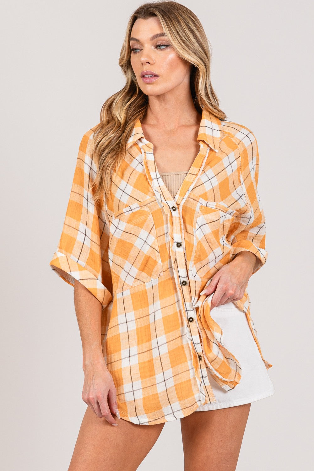 SAGE + FIG Plaid Button Up Side Slit Shirt - Shimmervee