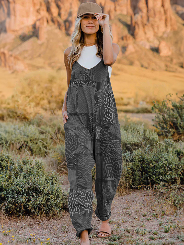 Full Size Printed V-Neck Sleeveless Jumpsuit - Shimmervee