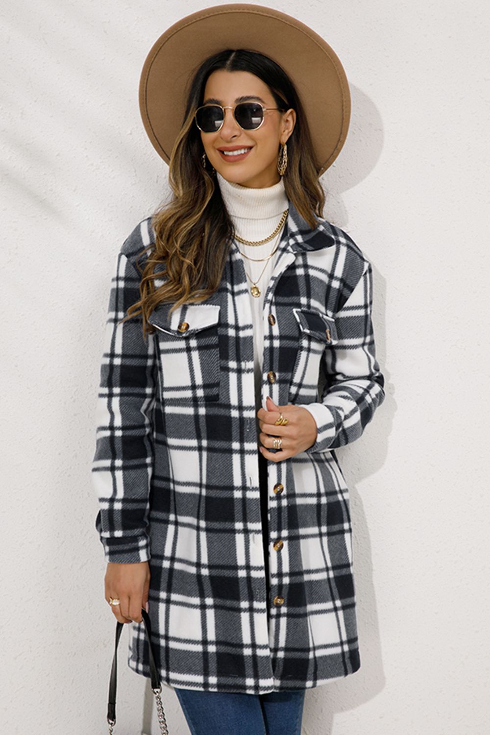 Shiny Plaid Collared Longline Coat - Shimmervee