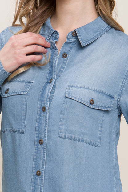 Love Tree Scooped Hem Button Up Denim Shirt - Shimmervee