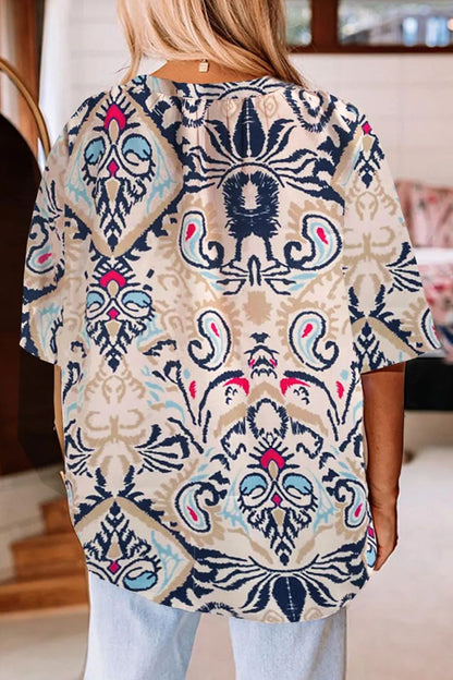 Printed Notched Half Sleeve Blouse - Shimmervee