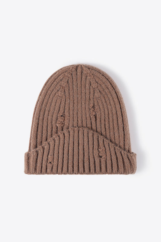 Distressed Rib-Knit Beanie - Shimmervee