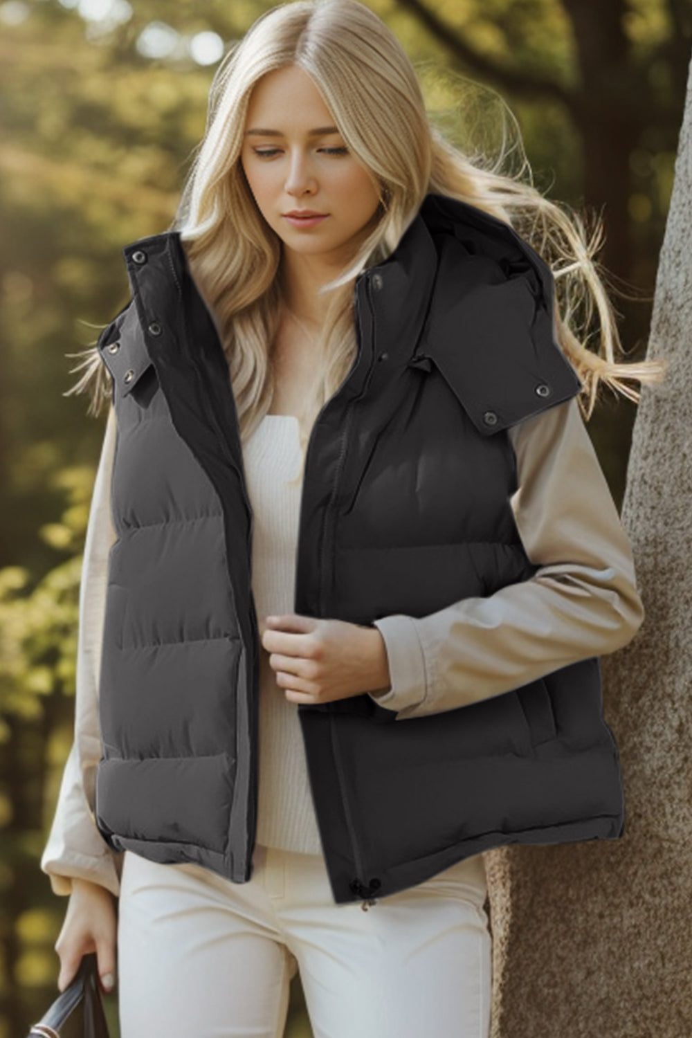 Pocketed Zip Up Hooded Vest Coat - Shimmervee