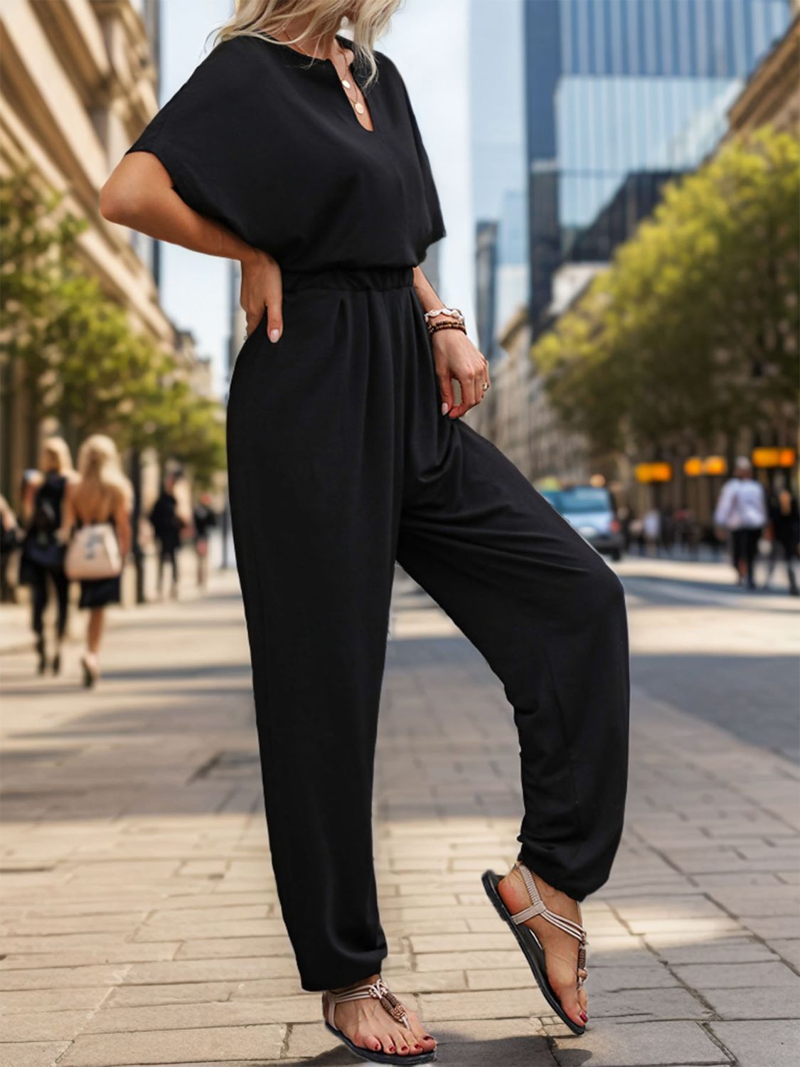 Perfee Notched Half Sleeve Straight Jumpsuit - Shimmervee