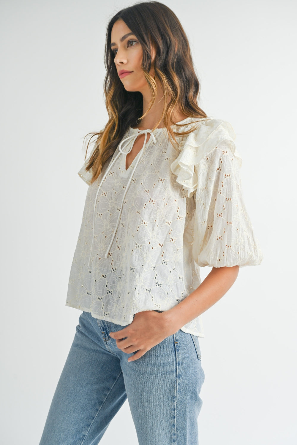 MABLE Eyelet Lace Ruffle Shoulder Puff Sleeve Blouse - Shimmervee