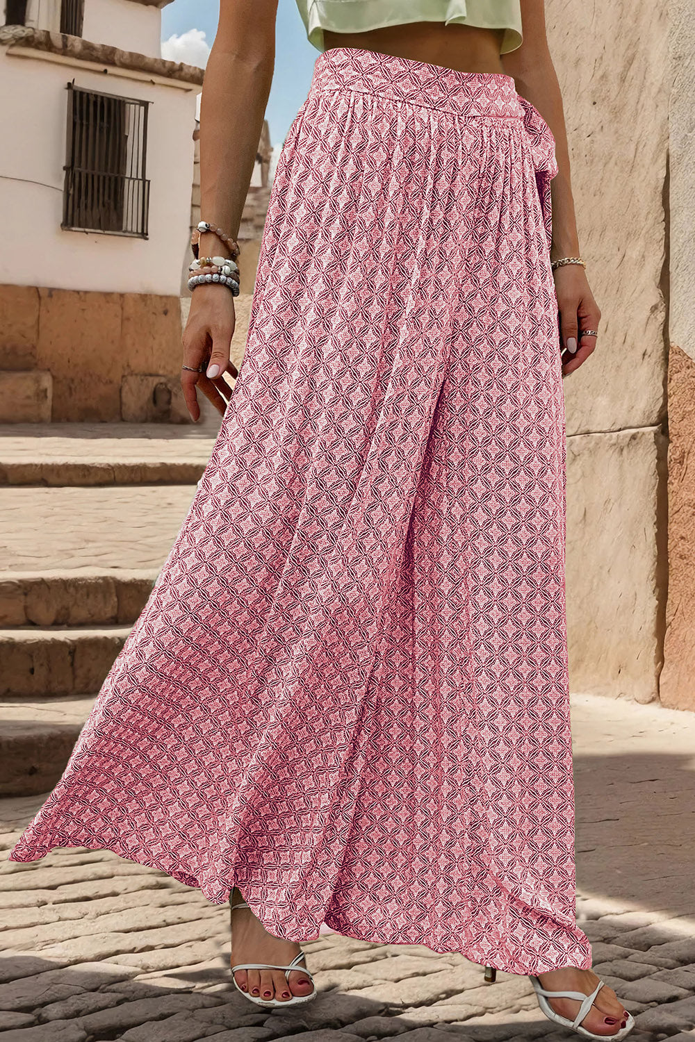 Perfee Printed Tied Wide Leg Pants