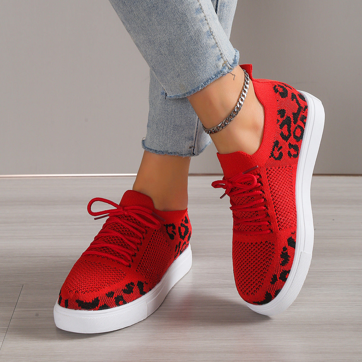 Lace-Up Leopard Flat Sneakers - Shimmervee