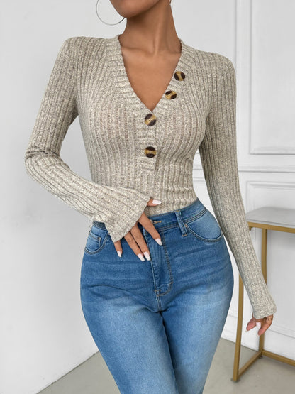 Perfee V-Neck Long Sleeve Bodysuit - Shimmervee