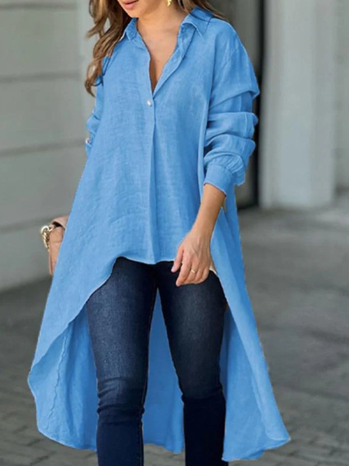 Full Size High-Low Collared Neck Long Sleeve Shirt - Shimmervee