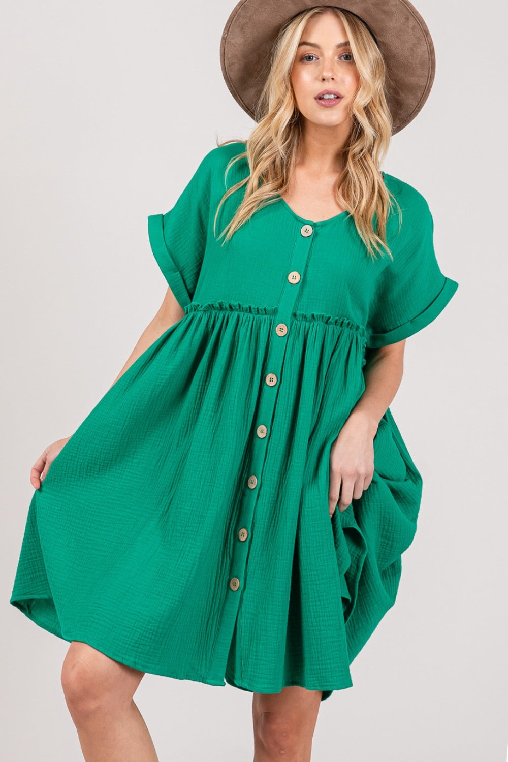 SAGE + FIG Full Size Button Up Short Sleeve Dress - Shimmervee