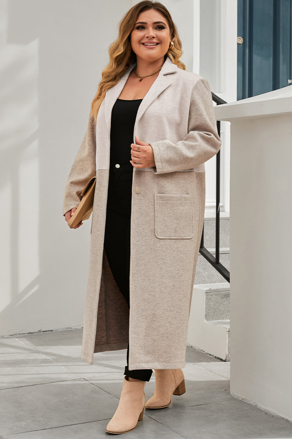 Plus Size Collared Neck Buttoned Longline Coat - Shimmervee