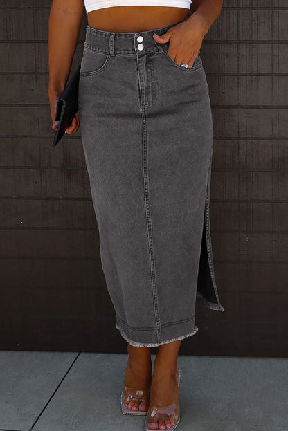 Raw Hem Slit Pocketed Midi Denim Skirt