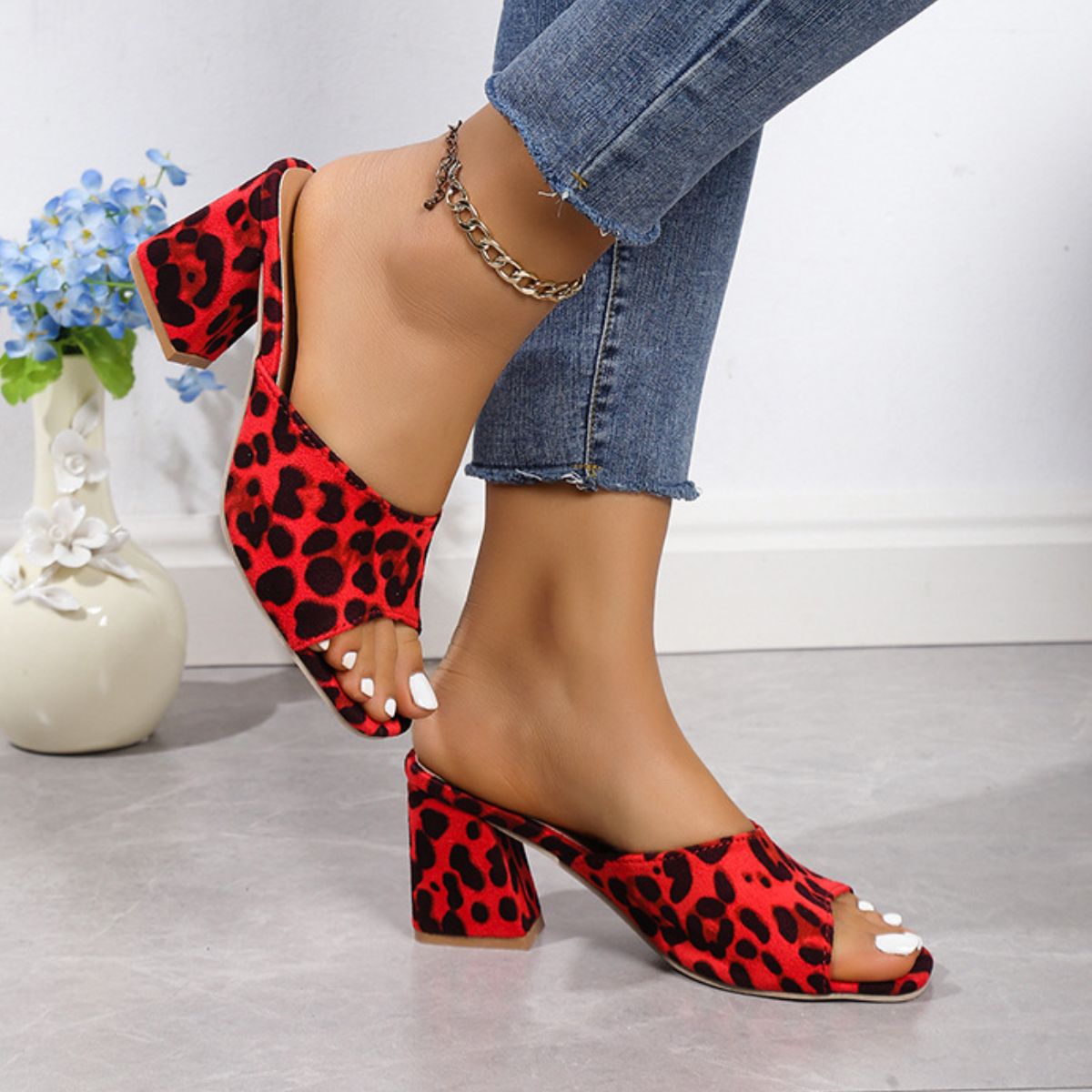 Leopard Block Heel Suede Sandals - Shimmervee