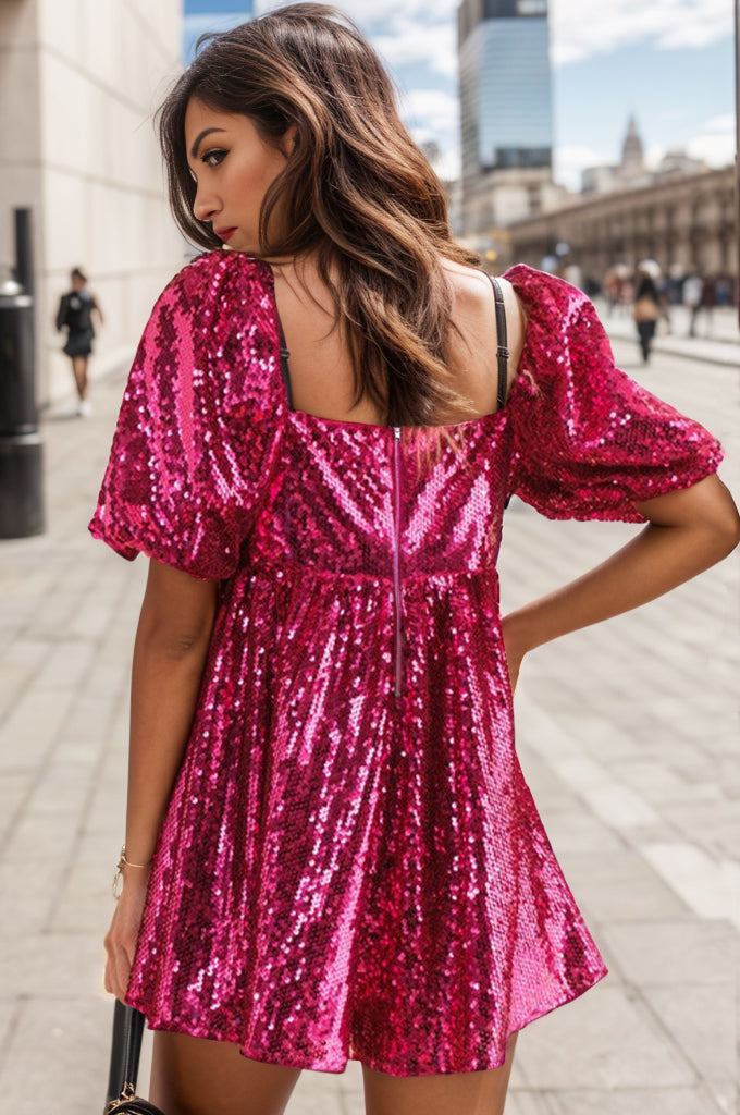 Sequin Square Neck Balloon Sleeve Romper - Shimmervee