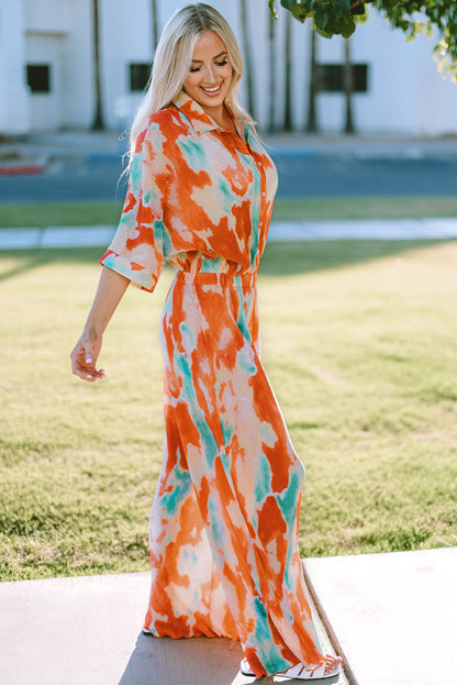 Tie-Dye Collared Wide Leg Jumpsuit - Shimmervee