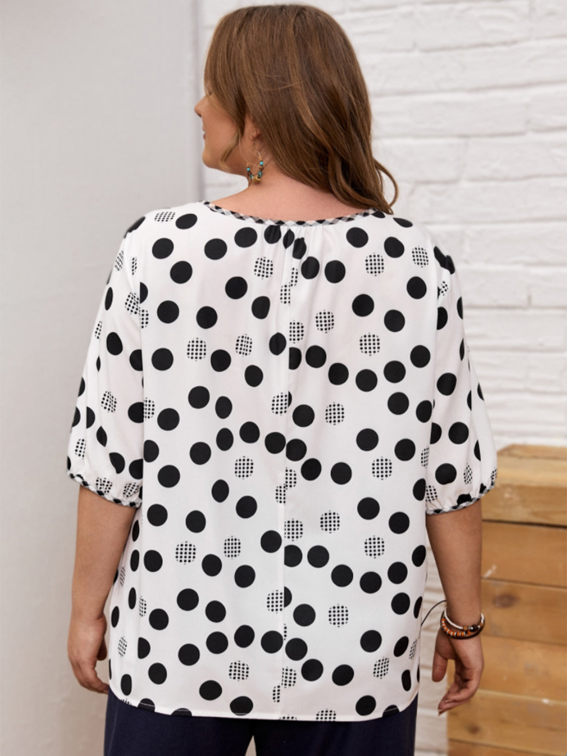 Plus Size Polka Dot Round Neck Half Sleeve Blouse