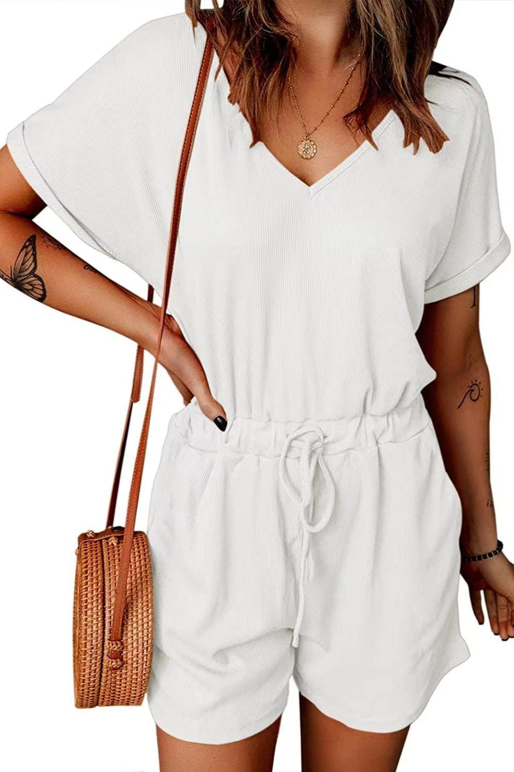 Full Size Drawstring V-Neck Short Sleeve Romper - Shimmervee