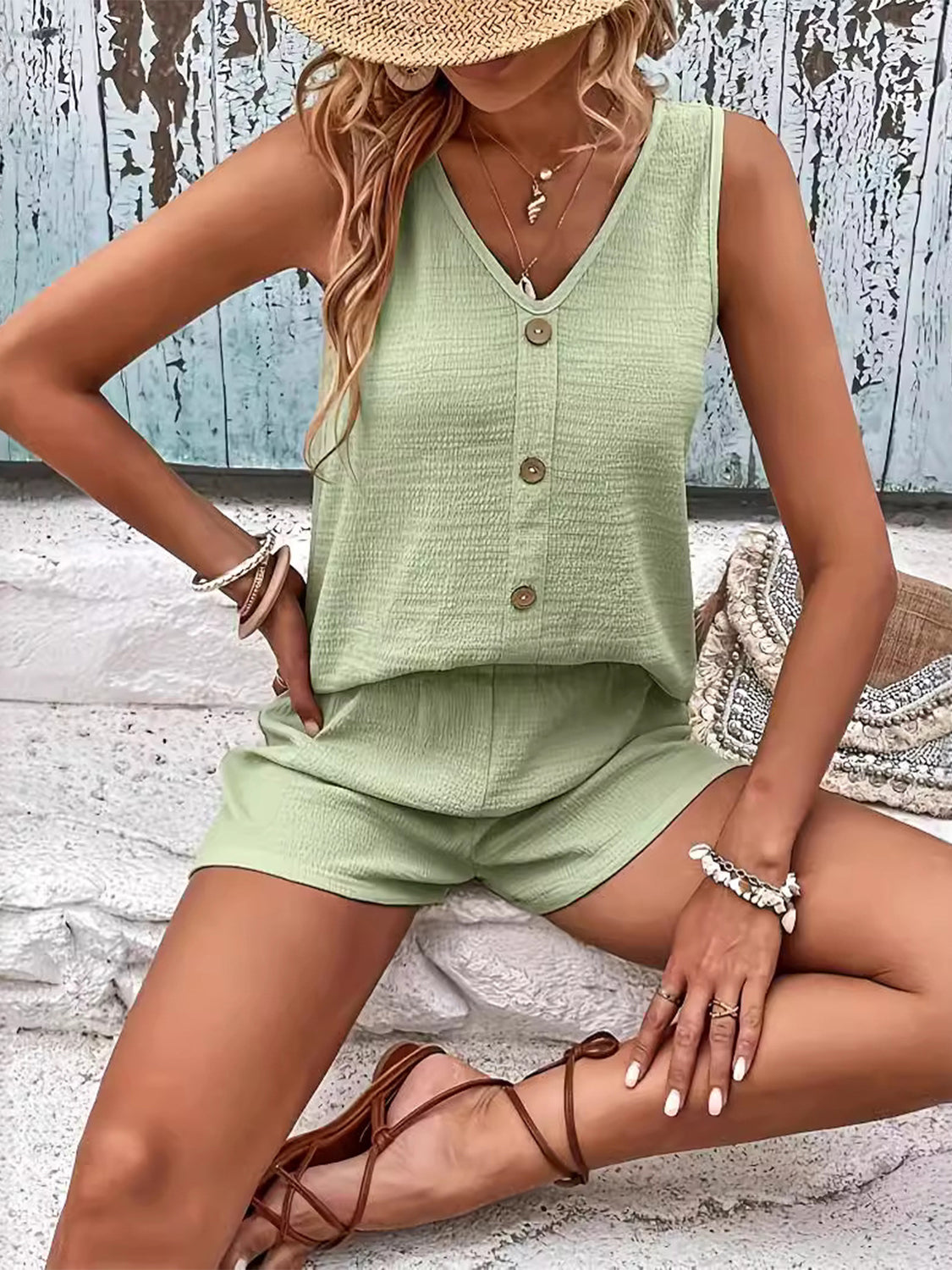 V-Neck Wide Strap Top and Shorts Set