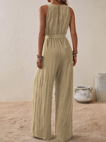 Honey Tied Surplice Sleeveless Wide Leg Jumpsuit - Shimmervee