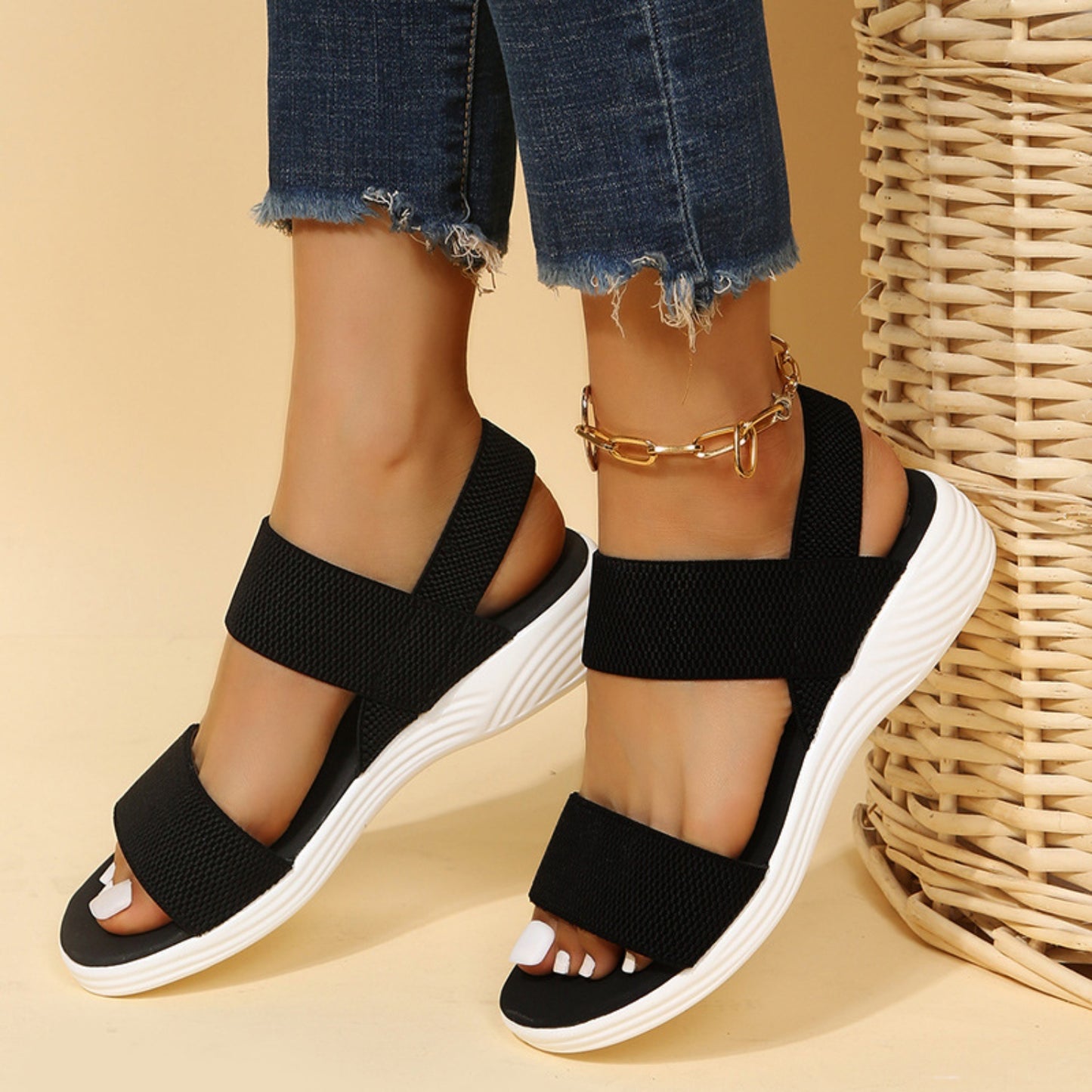 Rubber Open Toe Low Heel Sandals - Shimmervee