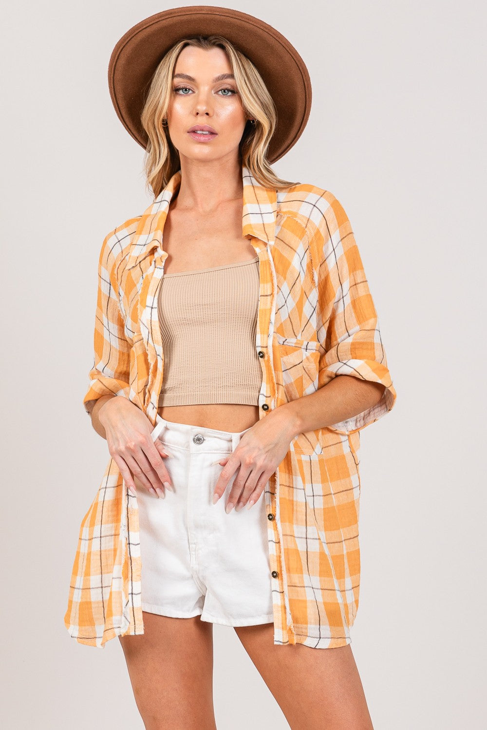 SAGE + FIG Plaid Button Up Side Slit Shirt - Shimmervee