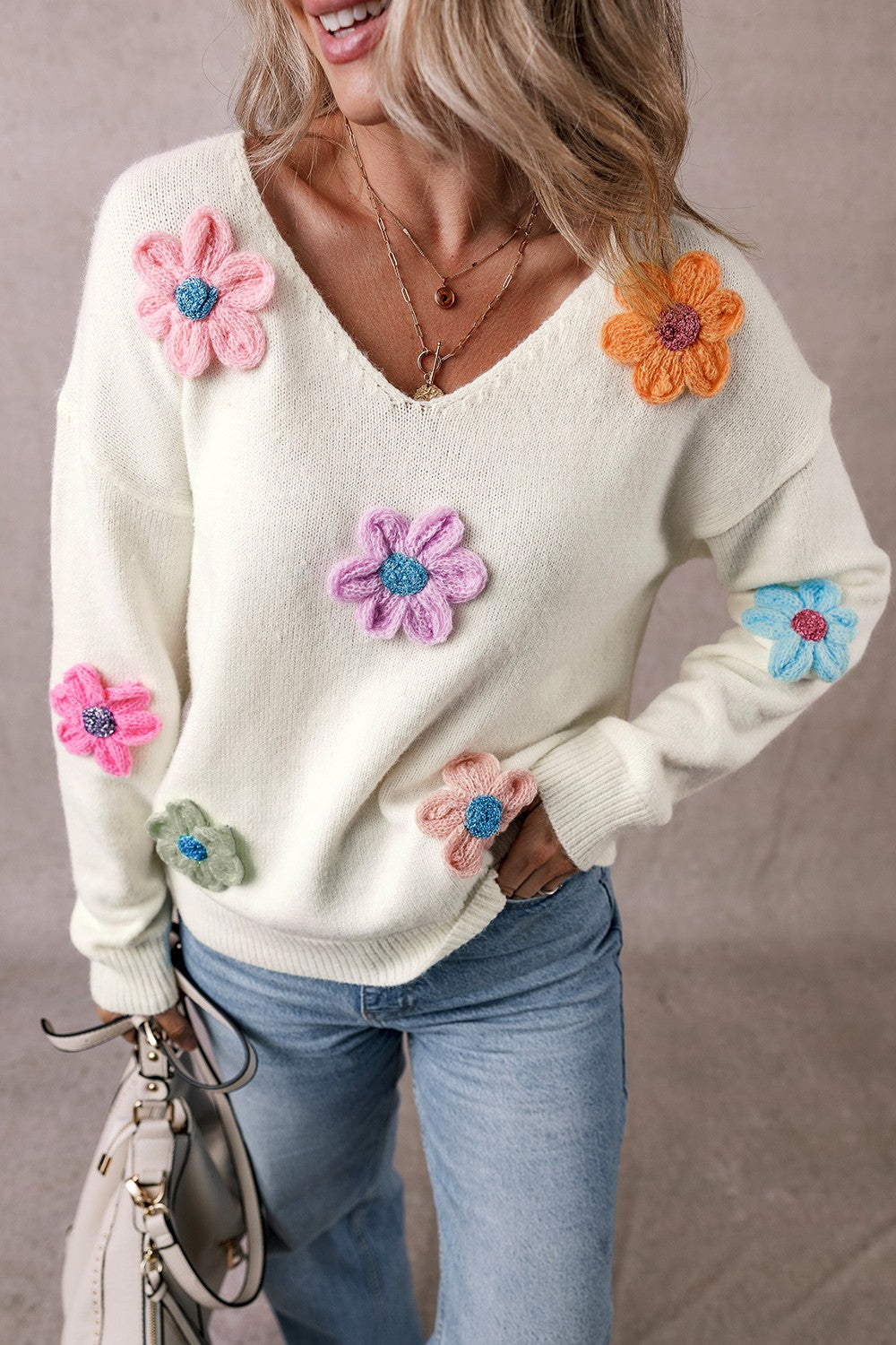 Crochet Flower V-Neck Long Sleeve Sweater