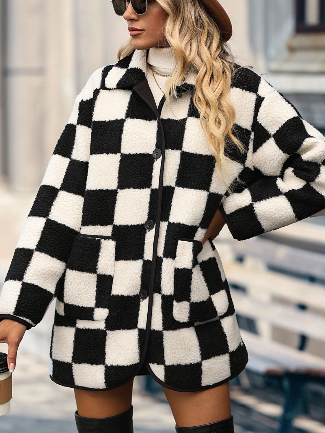 Double Take Full Size Checkered Button Front Coat with Pockets - Shimmervee