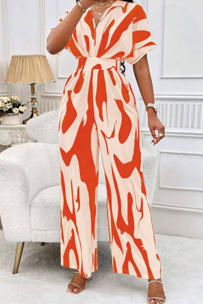 Printed V-Neck Short Sleeve Wide Leg Jumpsuit - Shimmervee