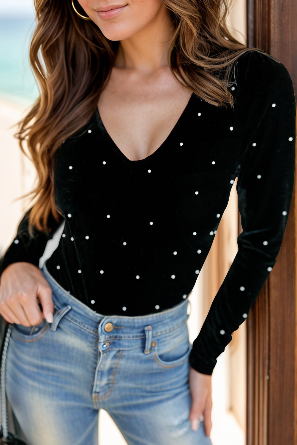 Pearl Detail V-Neck Long Sleeve Bodysuit - Shimmervee