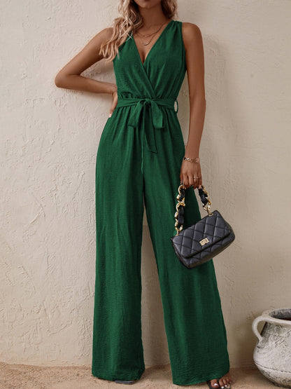 Honey Tied Surplice Sleeveless Wide Leg Jumpsuit - Shimmervee