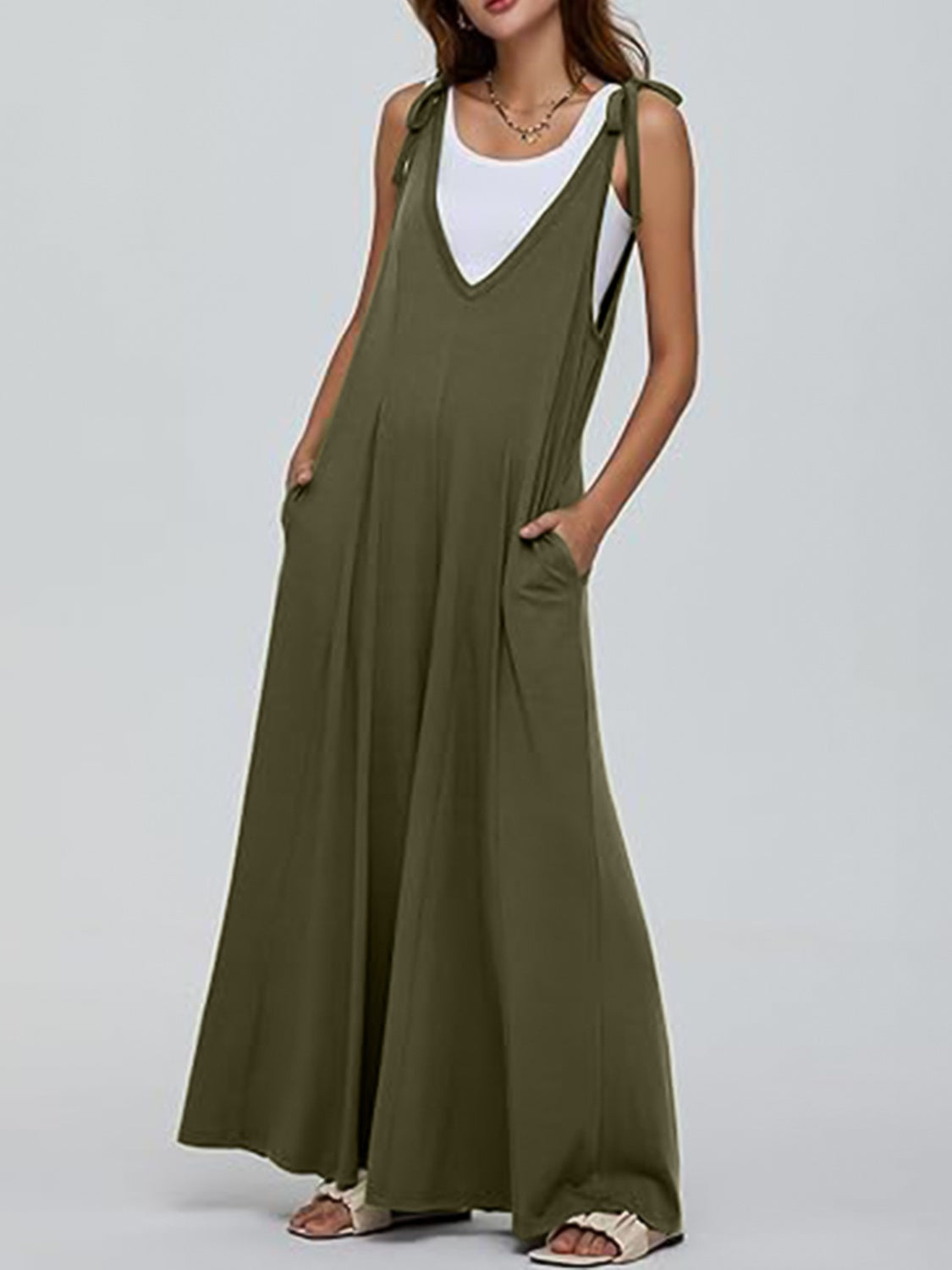 V-Neck Tie Shoulder Jumpsuit - Shimmervee