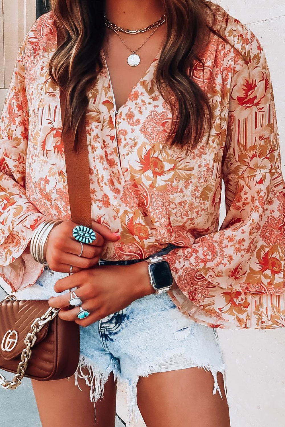 Floral Surplice Flare Sleeve Bodysuit - Shimmervee