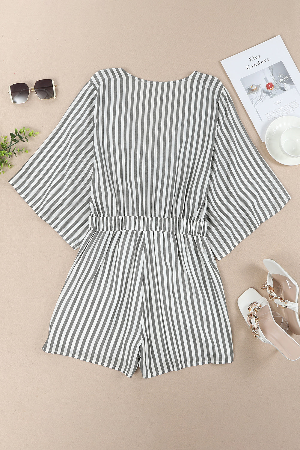 Tied Striped Three-Quarter Sleeve Romper - Shimmervee