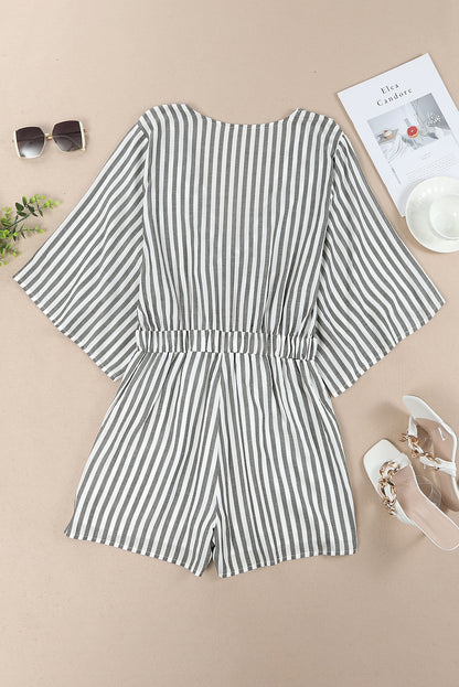 Tied Striped Three-Quarter Sleeve Romper - Shimmervee